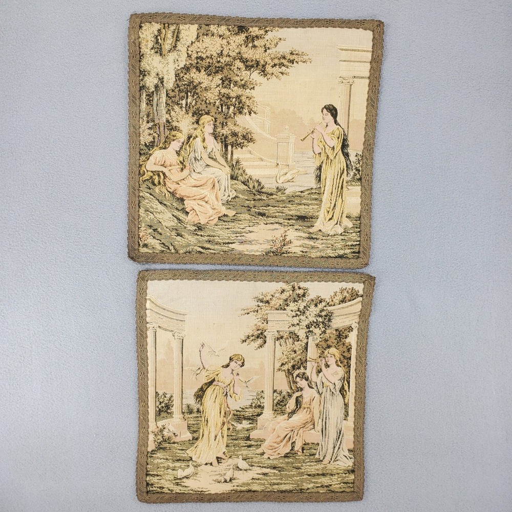 Vintage French Woven Tapestry Panels Set of 2 Beige Renaissance Pastoral Scene